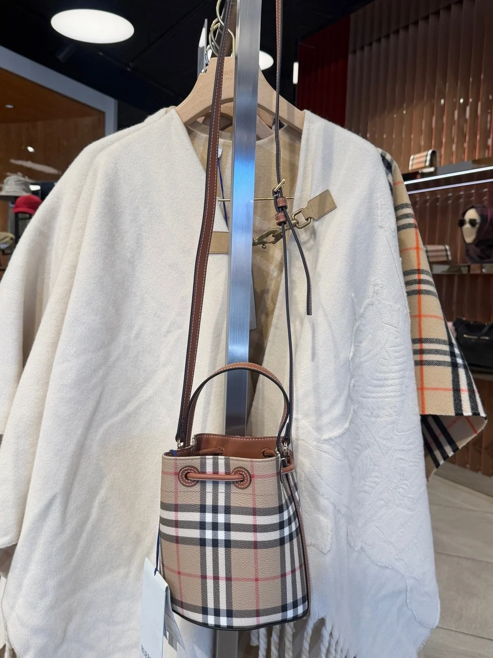 Burberry Beige Vintage Check Leather-Trim Drawstring Crossbody Bag